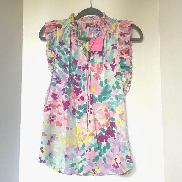 Kate Spade Painted Petals Tie-Neck Ruffle Floral Blouse Top Shirt - Picture 1 of 7